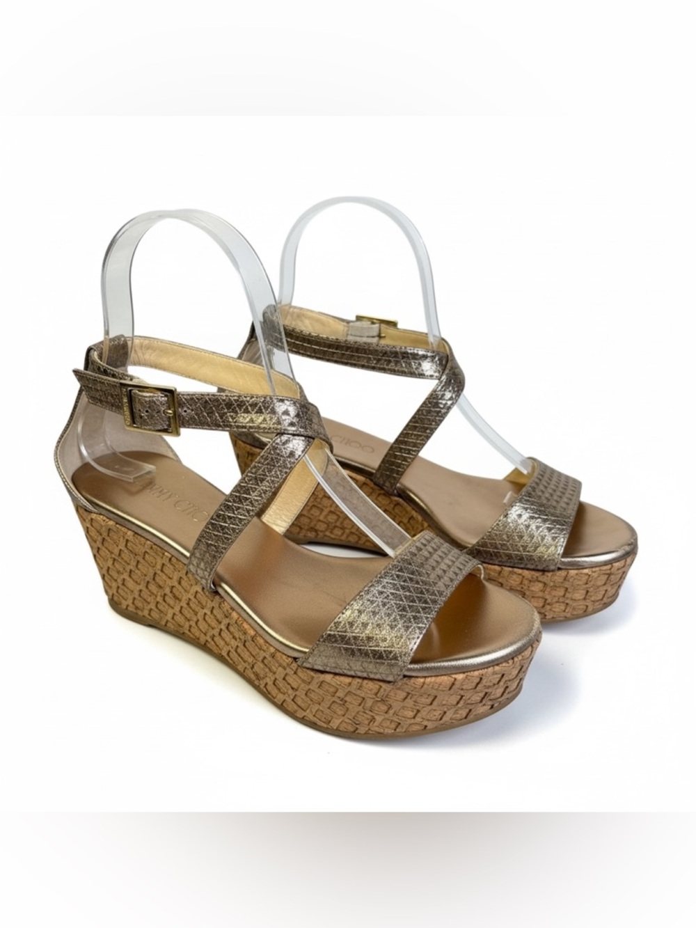 Jimmy Choo Avenue Metallic Leather Crisscross Wedge heels Sandals.size 36 EUC